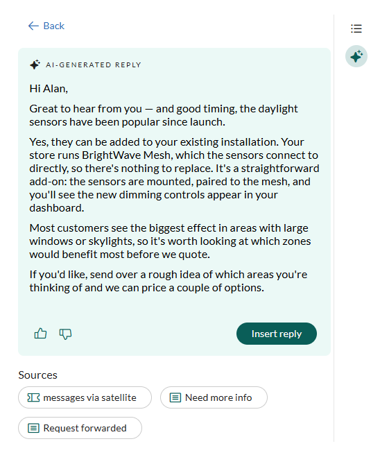 Reply Assists foreslåtte svar på en sak -screenshot